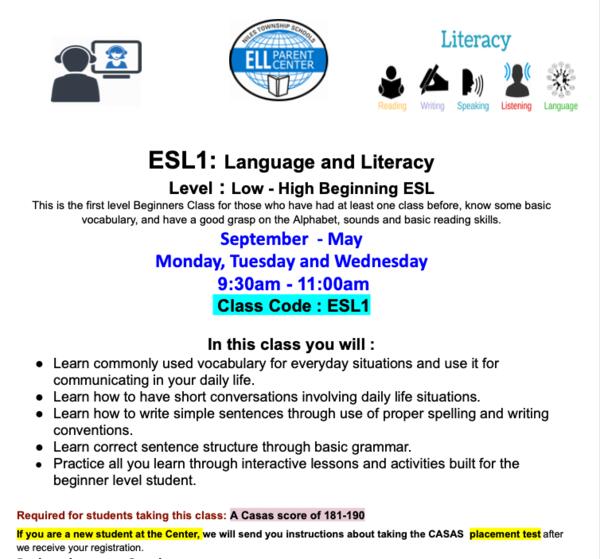 ESL1 Language and Literacy